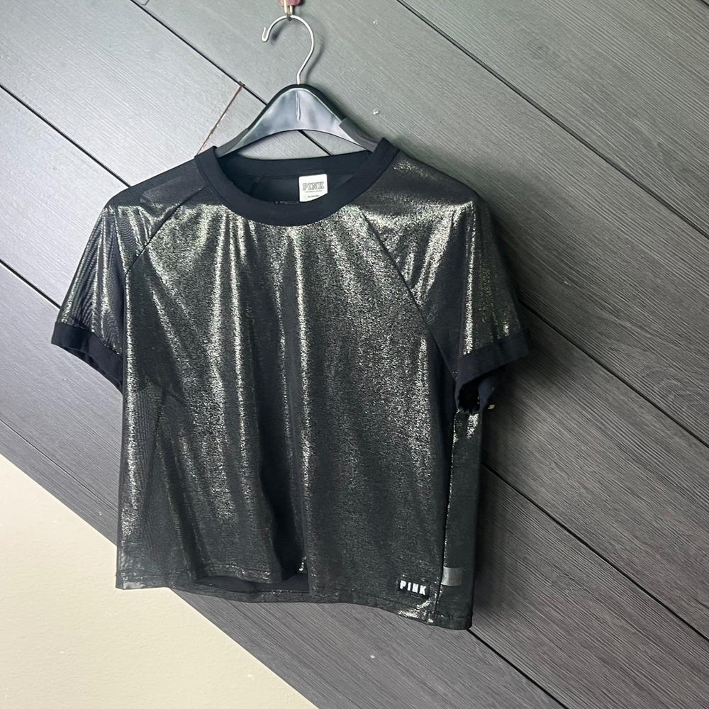 Victoria's Secret PINK Women Metallic Shimmer Crop Tee Med Black Y2K Streetwear - Picture 2 of 4